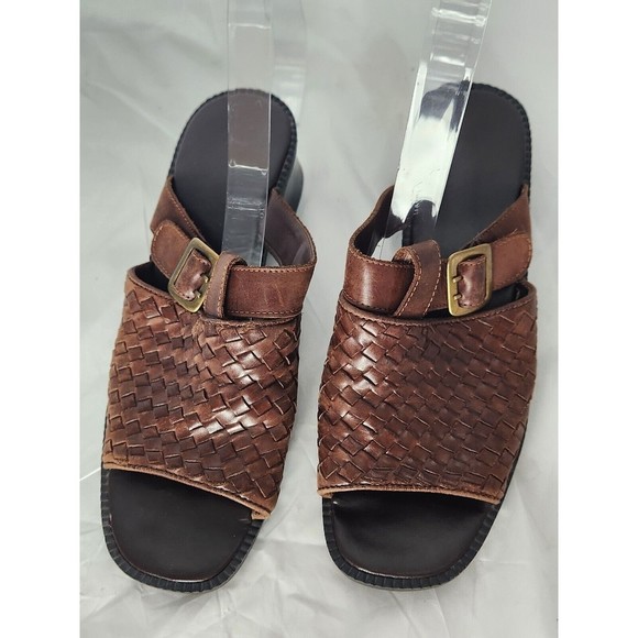 Square Heel Open Toe Leather Woven Upper Shoes Women’s Size 8.5‎ Brown Buckle - Picture 3 of 14